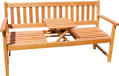 A wooden garden bench with a small, foldable table in the center.
