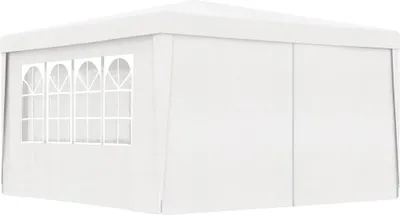 A white party tent with windows.