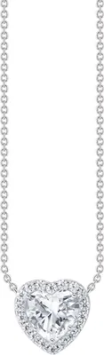 A close-up studio shot of a silver heart-shaped pendant necklace with a halo of small diamonds.