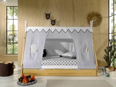 Produktbild von Vipack - Tipi Zelt Bett Liegefläche 90 x 200 cm, inkl. Rolllattenrost, Bettschublade und Textilzeltdach, Ausf. Kiefer massiv natur/weiß