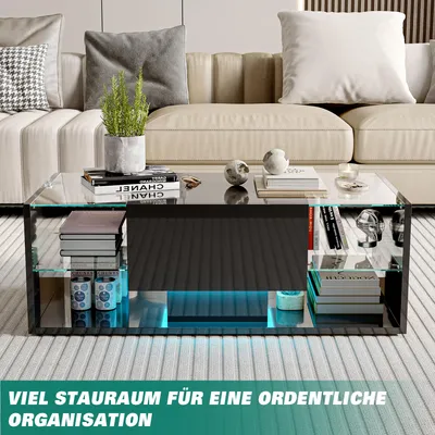 Productafbeelding van INONEFT salontafel met LED-verlichting en verborgen opbergruimte, rechthoekige glanzende bijzettafel, salontafel, 100x50x35cm, zwart