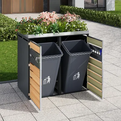 Obrázek produktu pro MODFU odkládací box na popelnice s perforovaným větracím designem, uzamykatelný, zahradní popelnicová skříň s víkem, dvě dveře, šedá