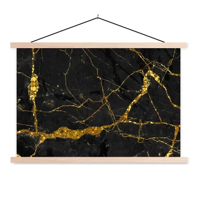 Produktbild von MuchoWow® Textilposter Marmor - Gold - Schwarz - Marmoroptik - Luxe - Glitzer 120x80 cm mit holzfarbenen Rahmen - Aufhängeset