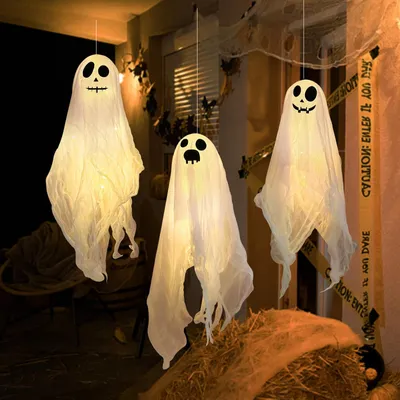 Halloween-Dekoration, 3er-Set LED-Geister, 45 cm, zum Aufhängen