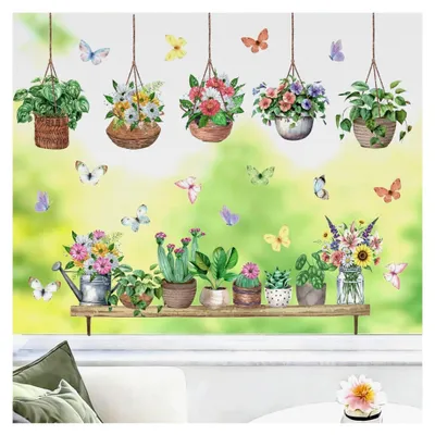Produktbild von Fensteraufkleber mit Topfpflanzen für den Frühling - Wandtattoo für das Kinderzimmer - Bunte Wandsticker mit Pflanzen, Schmetterlingen und Blumen für Wohnzimmer, Schlafzimmer, Küche und Türen