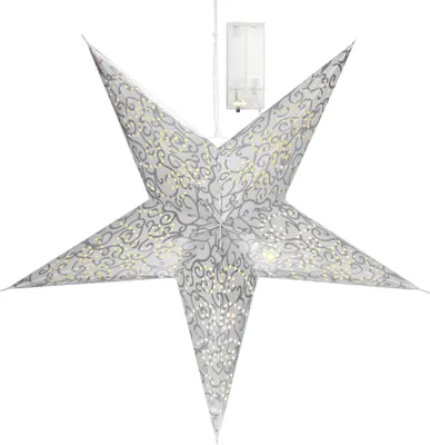 Produktbild von COM-FOUR® Leuchtstern in 3D mit LED Beleuchtung und Timer in warm-weiß zum Aufhängen, stabiler Premium Papierstern in silberfarben