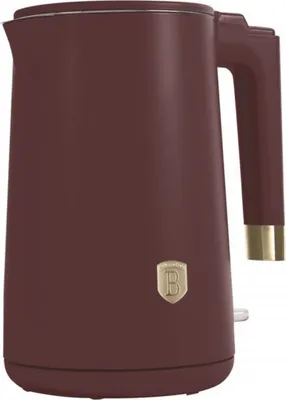 A maroon electric kettle with a gold logo and accents.