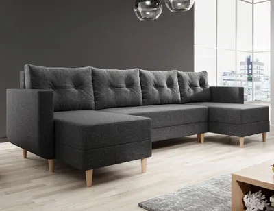Produktbild von Easy4You Ecksofa Darkgrau BALDUR U-Form – 303x93x145 cm - Schlafsofa mit Bettkasten und Schlaffunktion - Eckcouch mit Stauraum, Holzfüße und Kissen – Stoff Lux 06