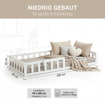 Produktbild von Homestyle4u Kinderbett 90x200 mit Lattenrost und Rausfallschutz Weiß Bodenbett Montessori Kleinkindbett