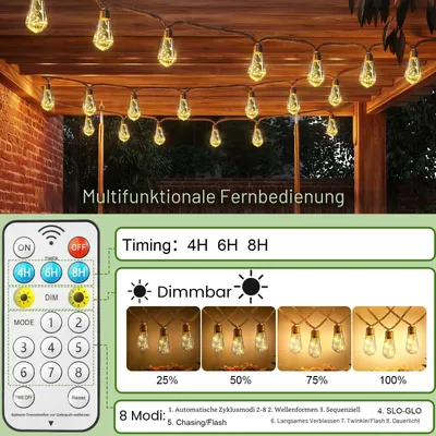 Produktbild von Solar Lichterkette 30 S17 Glühbirnen 17m Warmweiß Wetterfest Hanfseil für Garten