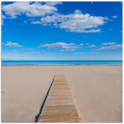 Produktbild von Wallario XXL Outdoor-Poster für Garten oder Balkon, Motiv Auf dem Holzweg zum blauen Meer, in ca. 200 x 200 cm