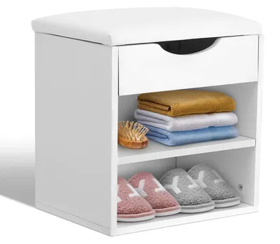 Immagine prodotto di Panca porta scarpe con cuscino, 2 ripiani, legno bianco, 40,5 x 30,2 x 42 cm