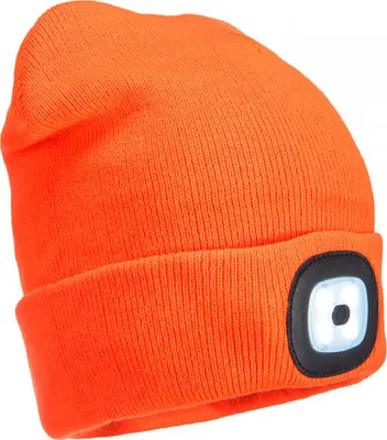 An orange beanie with an integrated LED light is shown against a white background.