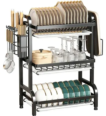 Obrázek produktu pro Sušák na nádobí, 3patrový, úsporný design, černý, 3 úrovně