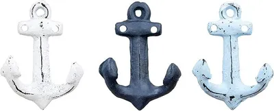 Produktbild von PolkaHome® Set von 3 Anker-Wandhaken, Blau, Weiß, Metall, Garderobenhaken, Maritime Deko, Shabby Chic, Vintage Look