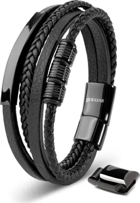 Image de SERASAR | Bracelet en cuir pour hommes [Brave] avec noir en acier inoxydable | Couleur : Noir | Longueur : 20cm