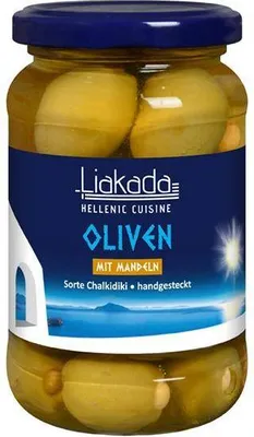 Produktbild von Liakada Grüne Oliven mit Mandeln Sorte Chalkidiki handgesteckt 200 G Glas Vegan Glutenfrei Fruchtig, leicht bitter, würzige Note