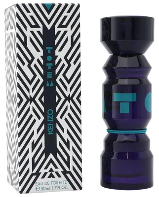 Kenzo Totem Eau de Toilette, 50 ml, mit geometrisch gemusterter Box in Schwarz-Weiß und dunkelviolettem Flakon mit türkisfarbenem Aufdruck.