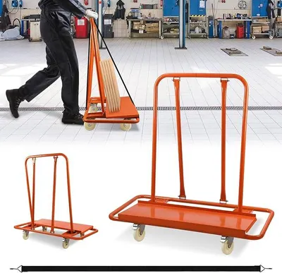 Productafbeelding van Oranje stalen transportwagen met spanband – Driehoekige constructie, draagvermogen 1000 kg, 4 zwenkwielen met rem, geschikt voor gipsplaten, hout, glas, MDF