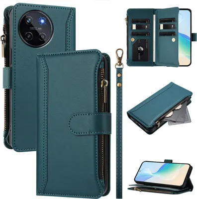 Image de Étui pour Realme 11 4G, zippé, portefeuille étui à rabat en cuirPolyuréthaneavec poches pour cartes, support et boucle pour la main vert