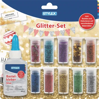 Produktbild von Glitter Set / bestehend aus Kleber + je 5 Döschen Glitterpulver + Streudeko