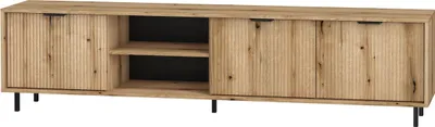 A long, low cabinet with three doors and an open central section with shelves.