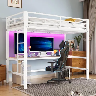 Zdjęcie produktu dla Łóżko loftowe Sweiko 90x200 cm, stolik z USB i gniazdkiem, oświetlenie otoczenia, bez materaca, metal, biały