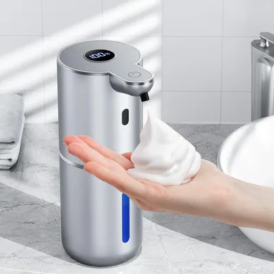 Immagine prodotto di Distributore automatico di sapone da 380 ml con display digitale, senza contatto, ricaricabile tramite USB, resistente all'acqua (IPX5), da montare a parete, modello schiuma, colore argento