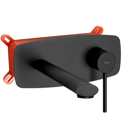 A black wall-mounted faucet with an orange mounting frame.