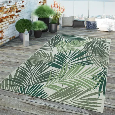 Produktbild von TT Home In-& Outdoor Teppich Wetterfest Balkon Küche Wohnzimmer Palmen Muster Modern Größe 120x170 cm