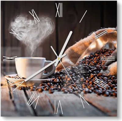 Produktbild von DEQORI Glasuhr 30x30 cm Römisch 'Rustikale Kaffeeliebe' Wanduhr Glas Uhr Design leise