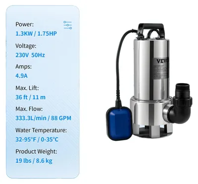 Immagine prodotto di Pompa per acque reflue, prevalenza massima 7,6 m, protezione IPX8, 1300 W / 1,75 HP, UE