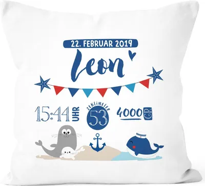 Produktbild von personalisierbares Kissen zur Geburt Geburtskissen für Jungen mit Wal Anker Namenskissen Geschenk Geburt Baby SpecialMe® weiß unisize