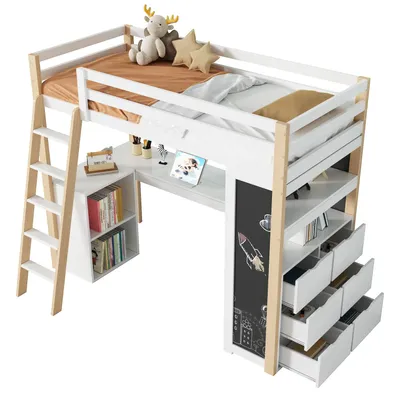 Produktbild von Kinderhochbett, Multifunktionales Kinderbett, Mit Leiter, Schreibtisch, Ablagefach, Großraumschublade, Tafel, Regal,Weiß + Natur, 90*200
