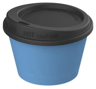 Obrázek produktu pro Hrnek na kávu bez BPA "ToGo" 100 ml - chuťově neutrální opakovaně použitelný hrnek - 100% recyklovatelný hrnek na kávu s bezpečným uzávěrem - útulná modrá/černá barva