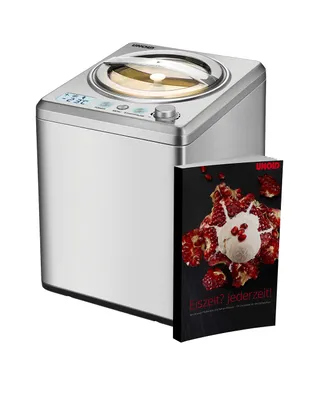 Eine silberne Unold Eismaschine Profi Plus 2,5L mit Digitalanzeige und transparentem Deckel, neben d