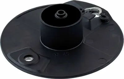 A black plastic part with a cylindrical protrusion in the center, mounted on a flat circular base with mounting holes.