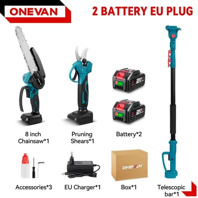 Produktbild von 3-in-1 Gartenwerkzeug - Hochentaster/Heckenschere/Astschere - 20 cm Kettensäge - Bürstenlos - 5.500 W - Kabellos - Set mit 2 Akkus - Dunkelblau