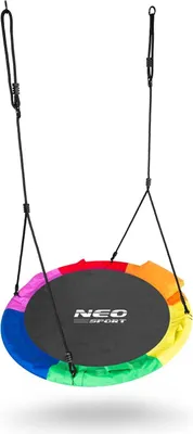 A colorful round swing with black ropes hanging from above, set against a white background.