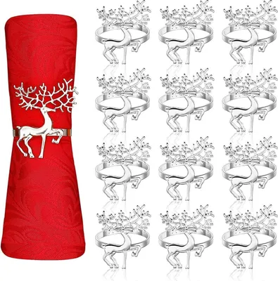 Image de pack de 12 ronds de serviette Noël Rennes 6CM Argent Décoration de table