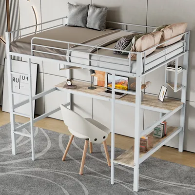 A loft bed with a desk and shelves underneath, set up in a room.