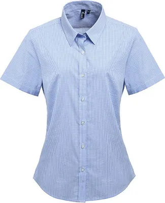 Produktbild von Premier Workwear Damen Microcheck (Gingham) Kurzarm Baumwolle Shirt Bluse PR321 light blue/white M