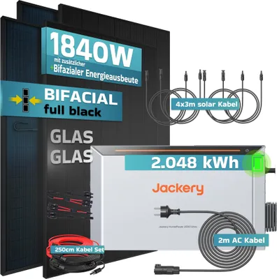 Produktbild von SUNNIVA® 1840W Balkonkraftwerk mit 2,048 kWh Speicher Jackery HomePower 2000 Ultra, BIFAZIAL FULLBLACK komplett Steckdose, PV Solaranlage Komplettset