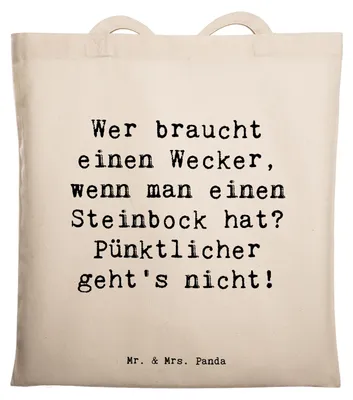 Produktbild von Mr. & Mrs. Panda Tote Bag Spruch Steinbock Wecker - Transparent - Geschenk, Tasche, Einkaufstasche, Pünktlichkeit, Sternzeichen, Tierkreiszeichen, Geschenke, Laptoptasche