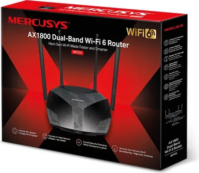 The image shows the packaging of a Mercusys AX1800 Dual-Band Wi-Fi 6 Router.