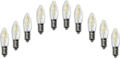 A group of ten LED light bulbs arranged in an arc on a white background.