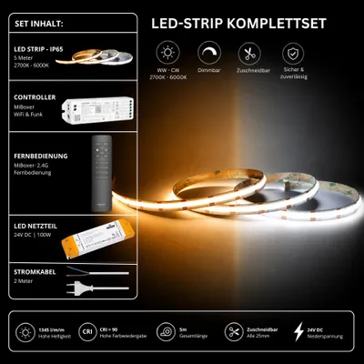 Produktbild von LED Streifen Set CCT IP65 – COB LED Streifen 24V, 16 W/m, 1345 lm/m, 5m, 2700-6000K – SS100 Netzteil, WL5 WiFi Controller  und  C1 Fernbedienung Schwarz