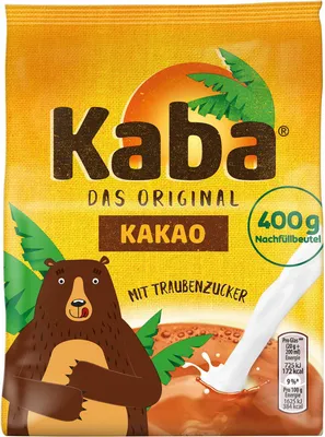 A bag of Kaba Kakao powder with a cartoon bear illustration and a splash of milk.