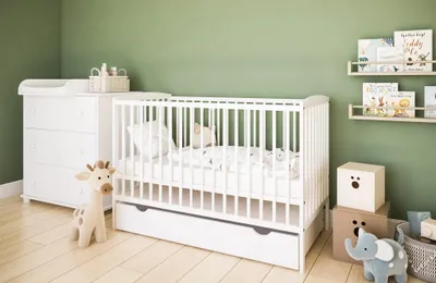 Produktbild von ZEE Set Babybett 120x60 cm 2in1 Weiß Mit Schublade & Schutzbarriere Umbaubar Zum Kinderbett Mit Wickelkommode Classic 3 Schubladen