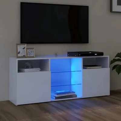 A modern white TV stand with blue LED lighting, featuring a TV and media console.